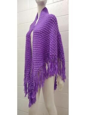 1970s Vibrant Lavender Purple Knit Shawl Fringe Bohemian Style Handmade Hippie
